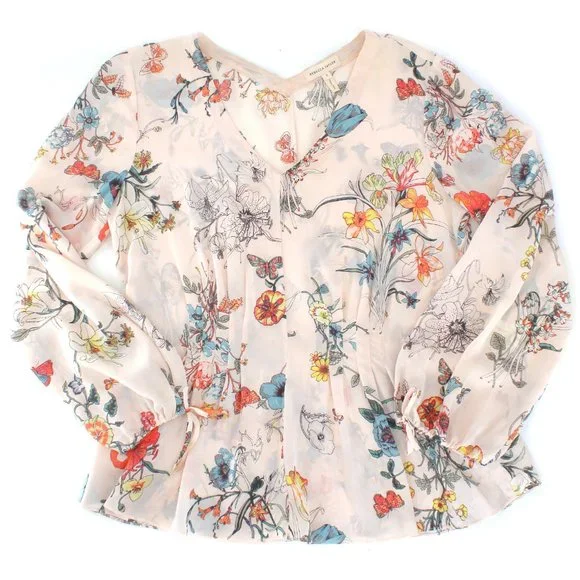 Rebecca Taylor 100%Silk Long Tie Sleeve Meadow Floral Top Pink Combo V-neck 2 - Picture 7 of 15